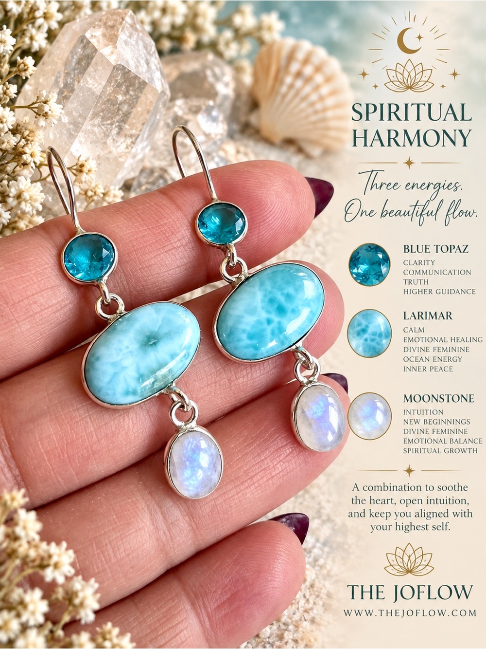 925 Spiritual HARMONY Larimar, Swiss Topaz + Flash Moonstone Earrings